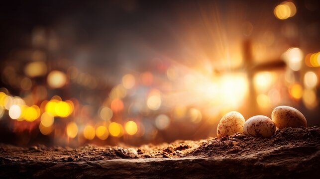 Spiritual symbolism with eggs and cross illuminated by warm lights during a night scene