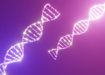 Abstract 3D Render of Glowing DNA Double Helix Structure on a Vibrant Neon Gradient Background for Genetics Biotechnology and Science Concept