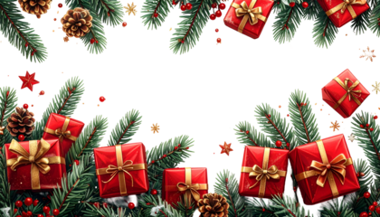 Festive Gifts and Evergreen Elegance: Vibrant red gifts, adorned with golden bows, are artfully arranged among lush green fir branches, creating a captivating display of holiday cheer.