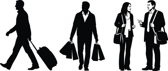 Business people silhouette vector set, man walking with suitcase, shopping bags, talking colleagues, professional lifestyle illustration, travel and communication concept