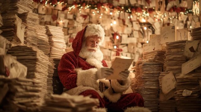 Santa Claus reading Christmas letters surrounded by piles of mail in cozy warm room with holiday lights and decorations
