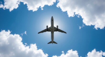 Low angle view of an airplane flying overhead in a blue sky. Passenger jet silhouetted against the sun with clouds. Aviation and travel concept