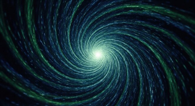 Abstract swirling vortex of blue and green light. Futuristic tunnel in motion representing hyperspace or time travel