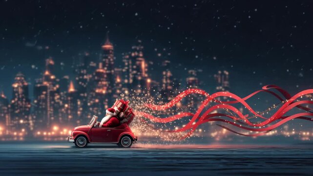 Santa Claus driving red car with Christmas gifts and ribbons in city night, festive holiday winter celebration