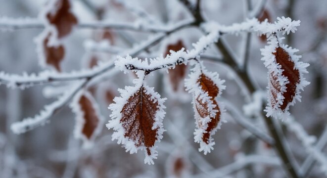 Close-up of brown autumn leaves covered in white hoarfrost. Frosted tree branches on a cold winter day. Frozen nature background