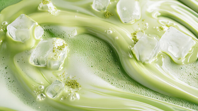 Delicious matcha latte with ice cubes, a refreshing green tea drink close up