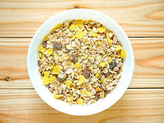 A Bowl of muesli breakfast with dried fruit