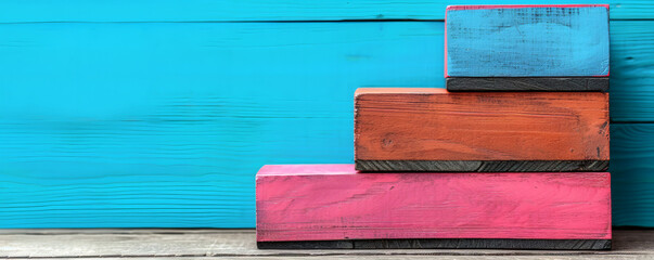 Colorful wooden steps representing business progress, growth, and career development