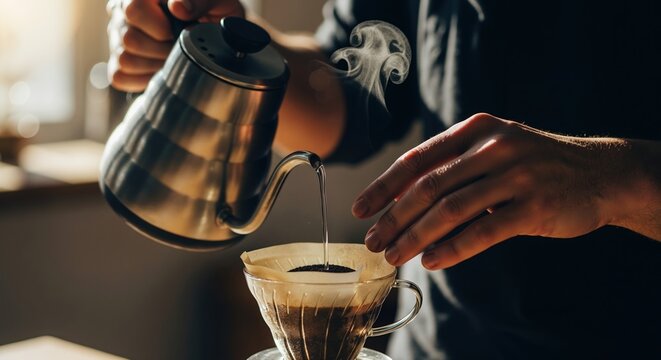 Barista brewing fresh pour-over coffee with a gooseneck kettle. Close-up of hands pouring hot water and steam rising. Morning coffee making ritual
