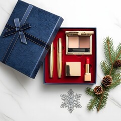 A blue gift box containing makeup products with christmas decorations on a marble surface top view