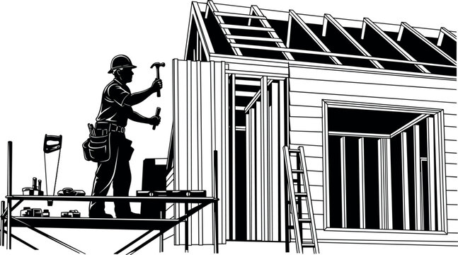 Construction worker on scaffold, house framing illustration, black and white sketch, hammering nails, residential building process, safety gear, ladder scene - Powered by Adobe