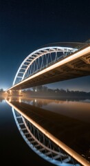 Obraz premium Modern illuminated bridge arching over a calm river at night with vibrant lights reflecting on the water surface