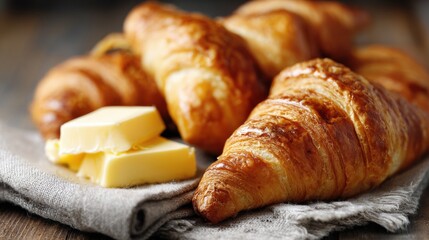 Freshly Baked Croissants With Creamy Butter on Linen Cloth Ready for Breakfast Enjoyment