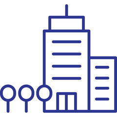Blue Outline Icon of a Modern Skyscraper Building with Small Trees in Front on a Transparent Background