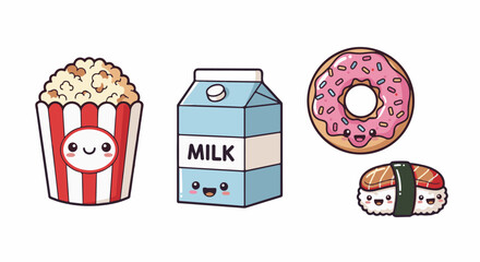 Cute Kawaii Food Icons Vector Set &ndash; Popcorn, Milk, Donut, Sushi