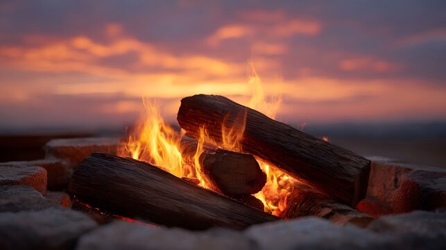 A burning campfire with logs and glowing embers set against a vibrant sunset sky