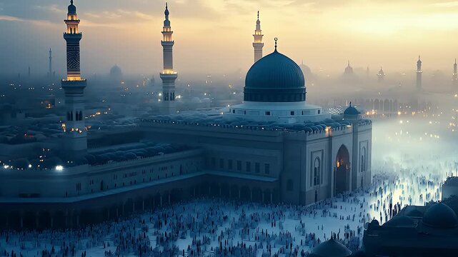 Radiant dawn light illuminates a majestic Islamic mosque, featuring its iconic green dome and soaring minarets, surrounded by a vast congregation gathering for spiritual prayer