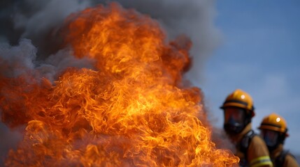 Obraz premium Firefighters in protective gear stand against intense flames and dark smoke under a bright blue sky