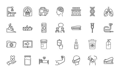 Healthcare line icon set. Vector pictograms of medical imaging, patient monitor, human brain, test tubes, DNA, crutch, IV drip, face mask, and biohazard bin, thin linear illustration.