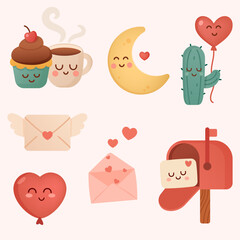 Affection Icons-Love notes and smiles. A charming collection of cartoon-style vector illustrations celebrating love and affection
