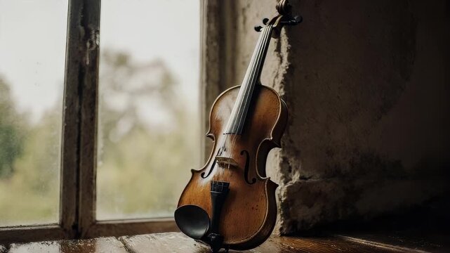 A classical violin rests by a window overlooking a green landscape.