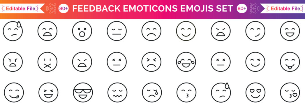 Feedback emoji icon set in different moods. Review smiley face collection. Service rating emoticon vector illustration. Bad, poor, average, good and excellent feedback marking. Face emoji symbols.