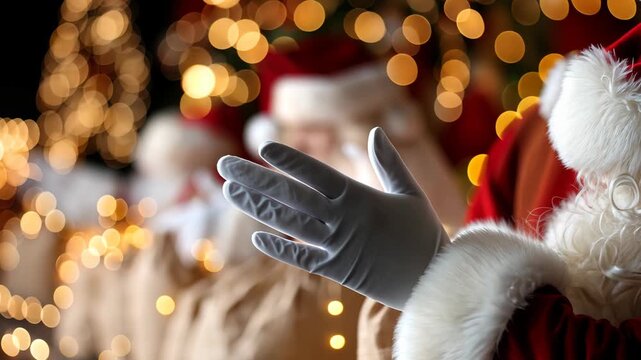Santa Claus prepares gifts and gets ready for holiday celebrations in a festive environment with glowing lights and joy