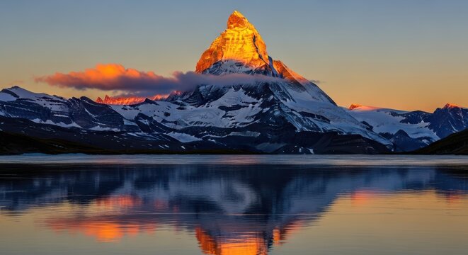 Majestic snow capped mountain peak illuminated by golden sunrise reflecting in calm lake water below