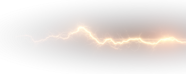 Yellow lightning bolt flashes through storm clouds with electric energy arcs. Realistic sparks illuminate the scene with dynamic power. PNG	
