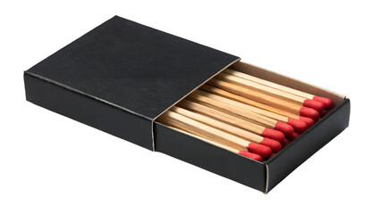 Naklejka premium Open black matchbox with wooden matches showing red tips. Isolated on transparent background, png 