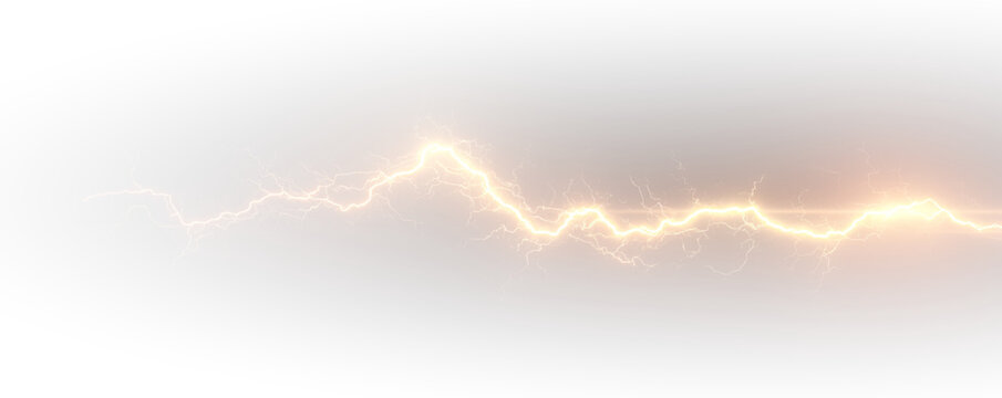 Yellow lightning bolt flashes through storm clouds with electric energy arcs. Realistic sparks illuminate the scene with dynamic power. PNG	
