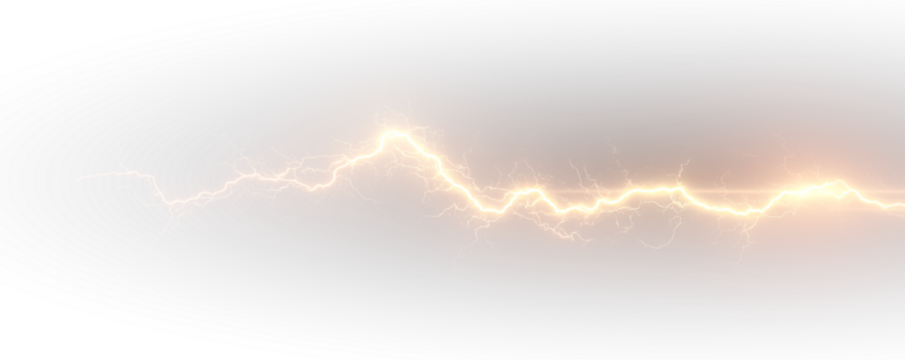 Yellow lightning bolt flashes through storm clouds with electric energy arcs. Realistic sparks illuminate the scene with dynamic power. PNG