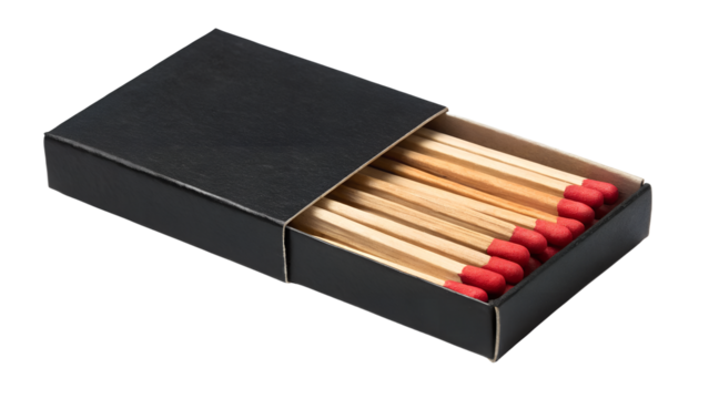 Open black matchbox with wooden matches showing red tips. Isolated on transparent background, png
