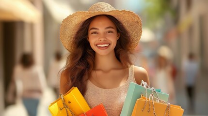 A young woman with a joyful expression, holding many colorful shopping bags in both hands, standing on a bustling city street with stylish storefronts and pedestrians