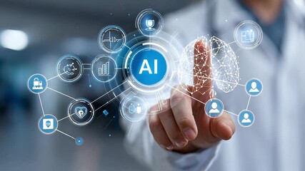 Future healthcare ai, doctor interacts with smart digital system - Powered by Adobe