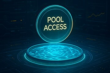 Decentralized Liquidity Pool Access Concept: Futuristic Glass Container Filled with Glowing Blue Digital Water Representing an Asset Pool with a Floating 'Pool Access' Token.