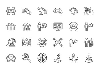Technology and business management line icon set. Vector pictograms of VR headsets, robotic arms, brain, data analytics, and team collaboration, thin linear illustration.
