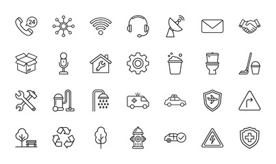 General services line icon set. Vector pictograms of customer service, communication, maintenance, cleaning, safety, and environment, thin linear illustration.
