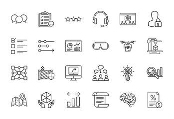 Business and technology line icon set. Vector pictograms of chat bubbles, data charts, security lock, VR goggles, drone, 3D printer, blockchain, and lightbulb, thin linear illustration.