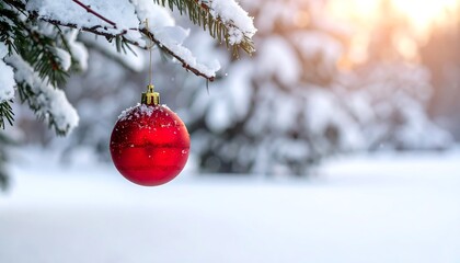 Red Christmas Ornament Hanging on Snowy Evergreen Branch.