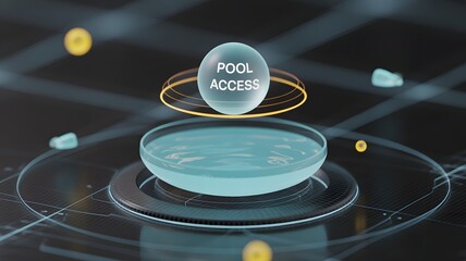 Decentralized Liquidity Pool Access Concept: Futuristic Glass Container Filled with Glowing Blue Digital Water Representing an Asset Pool with a Floating 'Pool Access' Token.