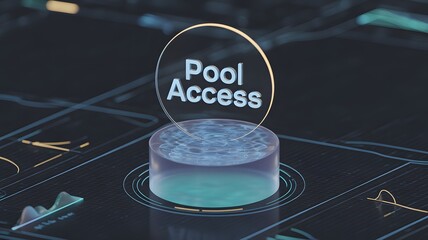 Decentralized Liquidity Pool Access Concept: Futuristic Glass Container Filled with Glowing Blue Digital Water Representing an Asset Pool with a Floating 'Pool Access' Token.