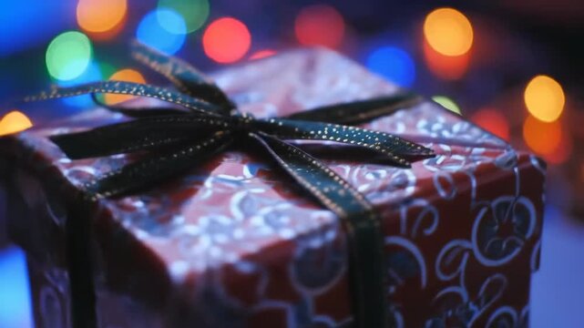 Gift box with bow in focus, in front of colorful bokeh background, for holiday or celebration