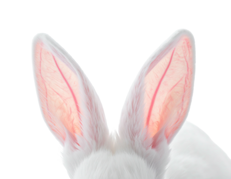 Close-up of fluffy white bunny ears with a pink interior, set against a black backdrop