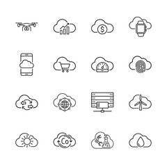 Fototapeta premium Technology line icon set. Vector pictograms of cloud computing, smart devices, data analytics, finance, e-commerce, security, server, and sustainable energy, thin linear illustration.