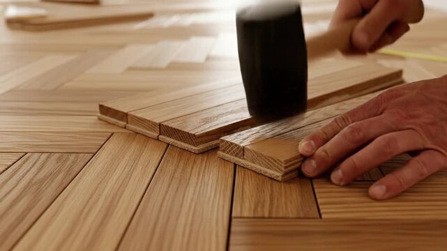 New parquet floor installation in modern interior.