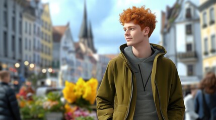 A young man with striking ginger hair, wearing a casual jacket, walking along a cobblestone street in a charming European city, with colorful buildings