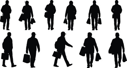 Male shopper silhouettes walking with shopping bags, people carrying items, retail consumer lifestyle vector illustration, black outline design set