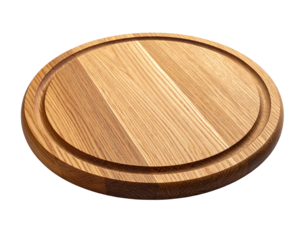 Wooden cutting board, circular, with textured surface and a recessed groove