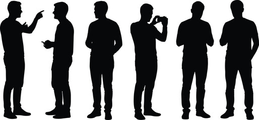 Men silhouettes standing and talking, taking photos and using smartphones, communication and technology concept, casual male figure vector illustration